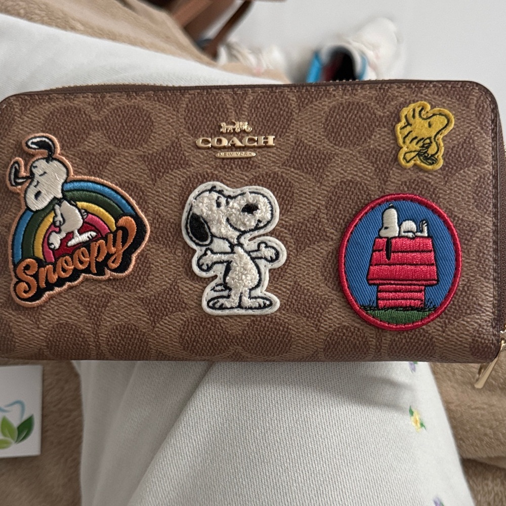 Coach Brown Wallet with Snoopy and Woodstock Patches